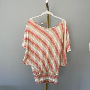 Caren Sport Striped Knit Dolman Sleeve Boat Neck Top Beige Coral White 2X Plus